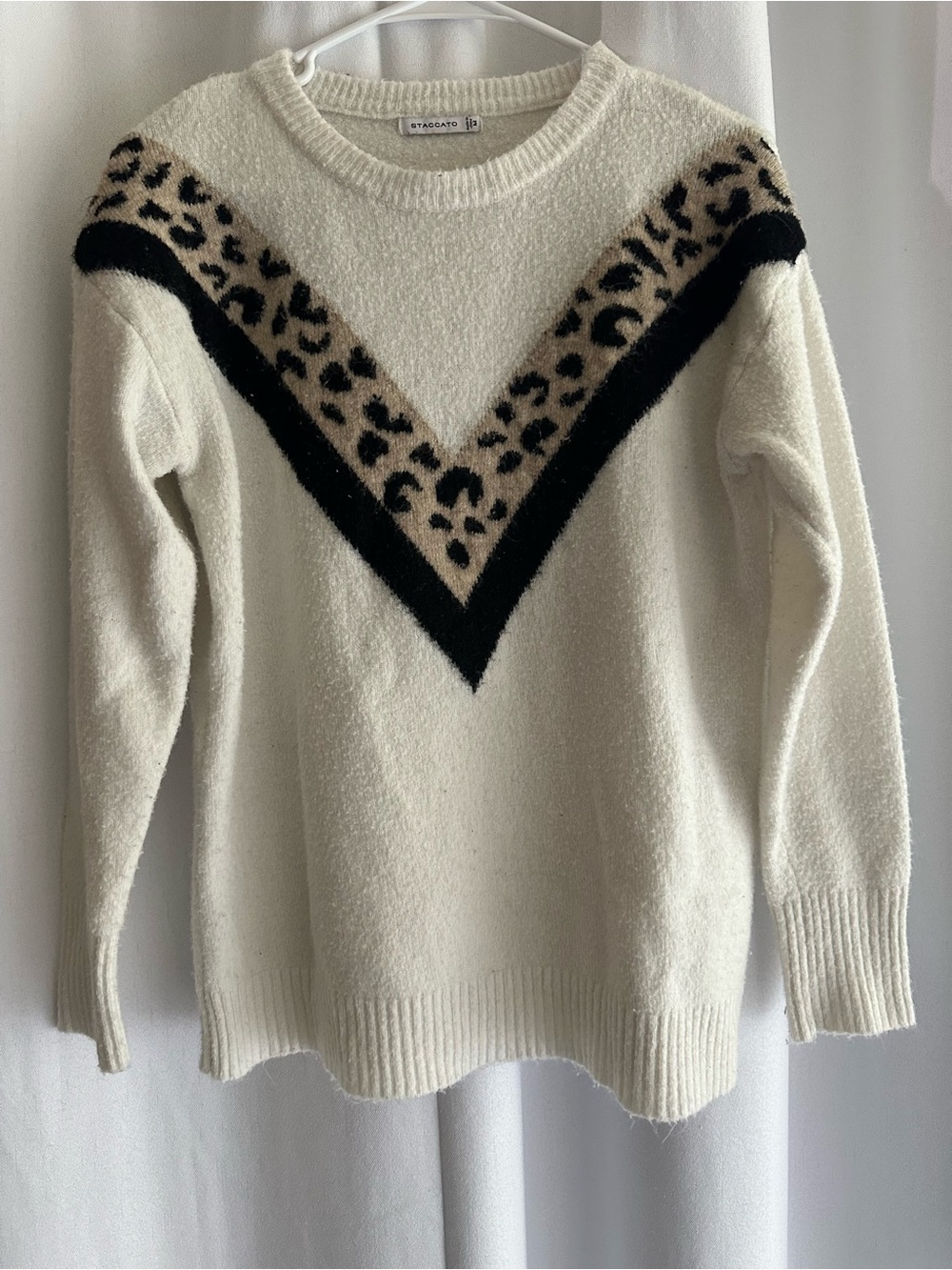 Staccato Cream Sweater with Leopard-Print V and Black Trim